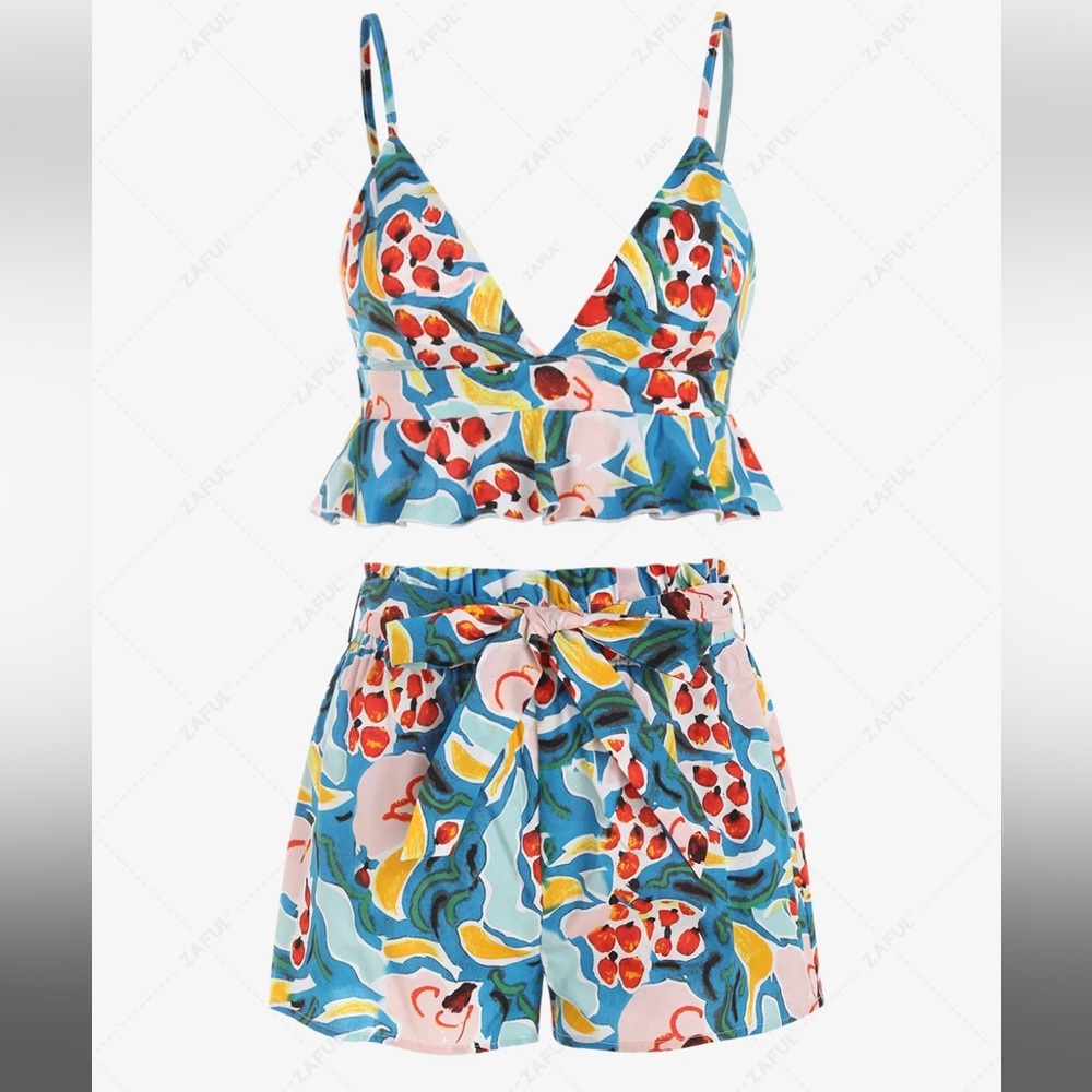 Abstract Fruit Print Ruffle Belted Wide Leg Shorts Set